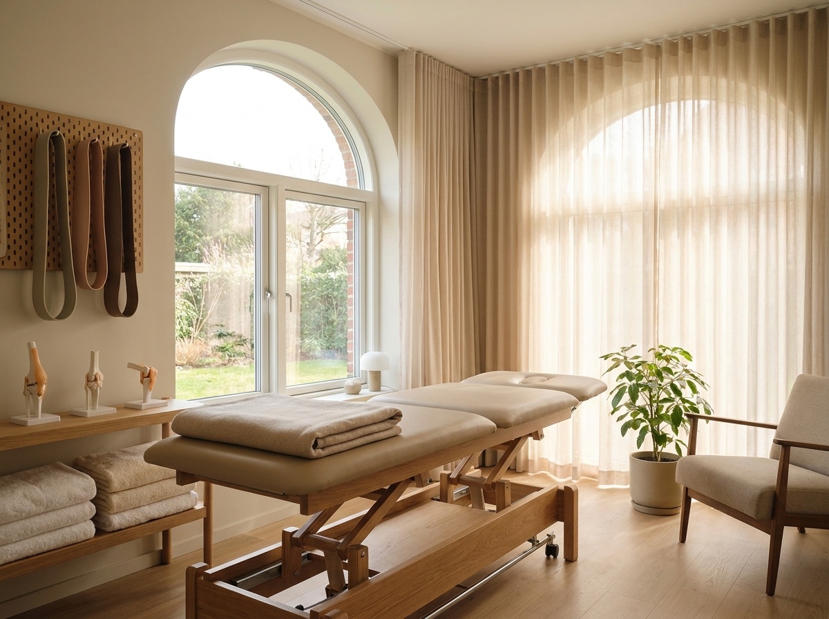 A clean and modern physiotherapy or massage therapy room with a massage table, anatomical models of joints, stacked towels, resistance bands, and a comfortable