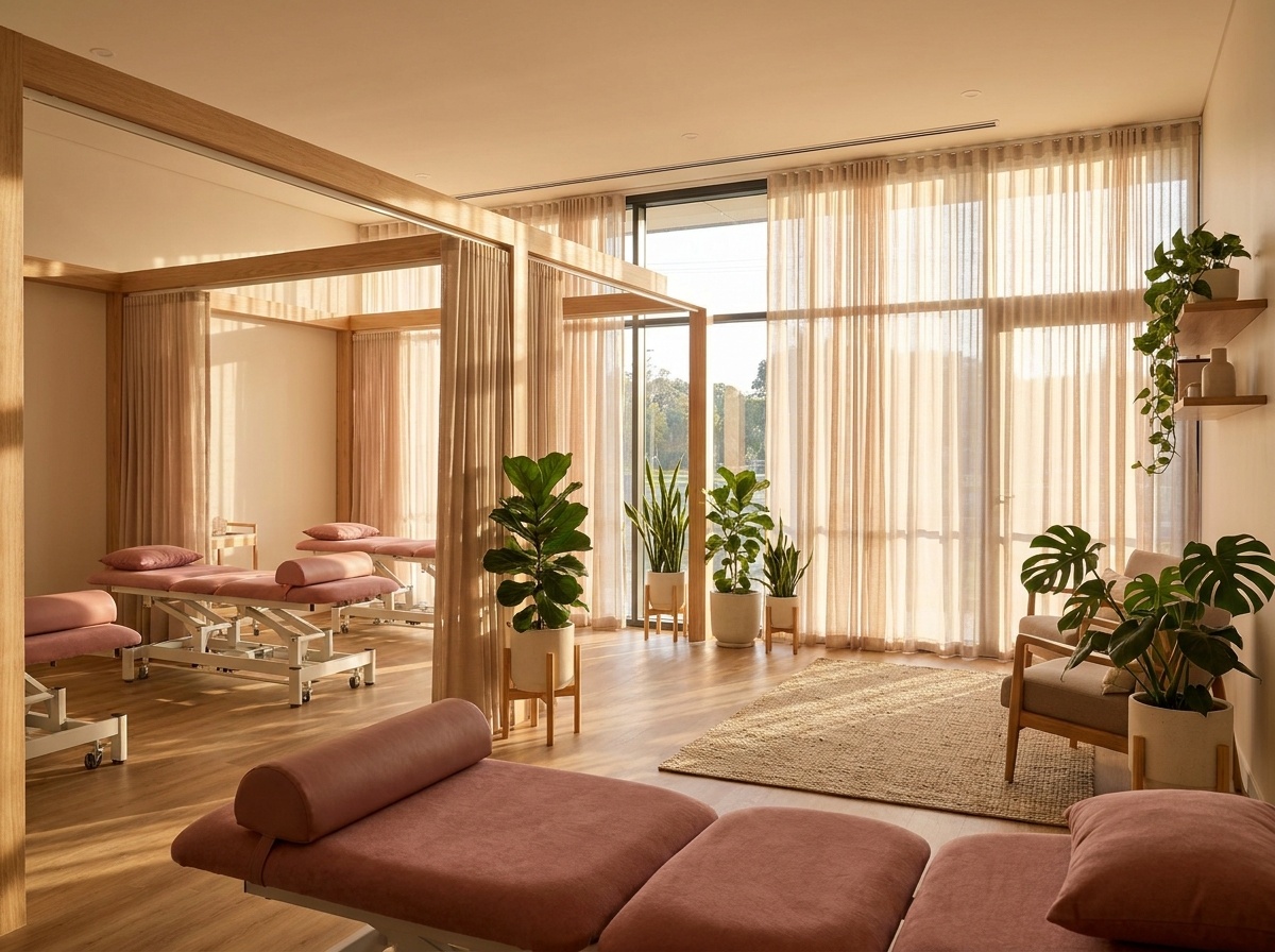 A serene and minimalist spa treatment room with multiple massage beds, soft pink upholstery, natural wood accents, and abundant natural light filtering through